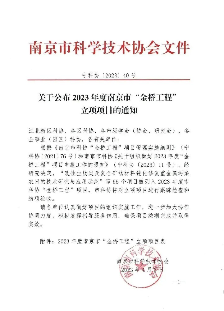 我院获南京市科学技术协会“金桥工程”项目立项